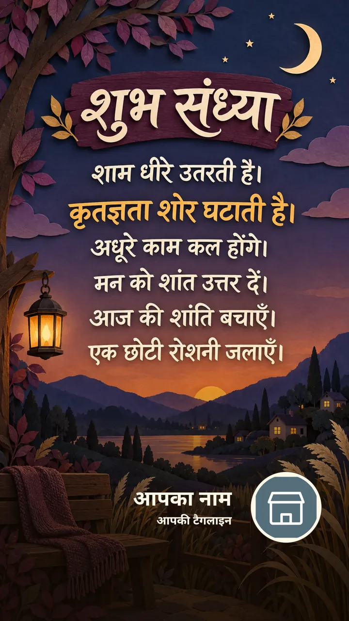शुभ संध्या - शाम धीरे उतरती है। - कृतज्ञता शोर घटाती है। - Sandhya Image