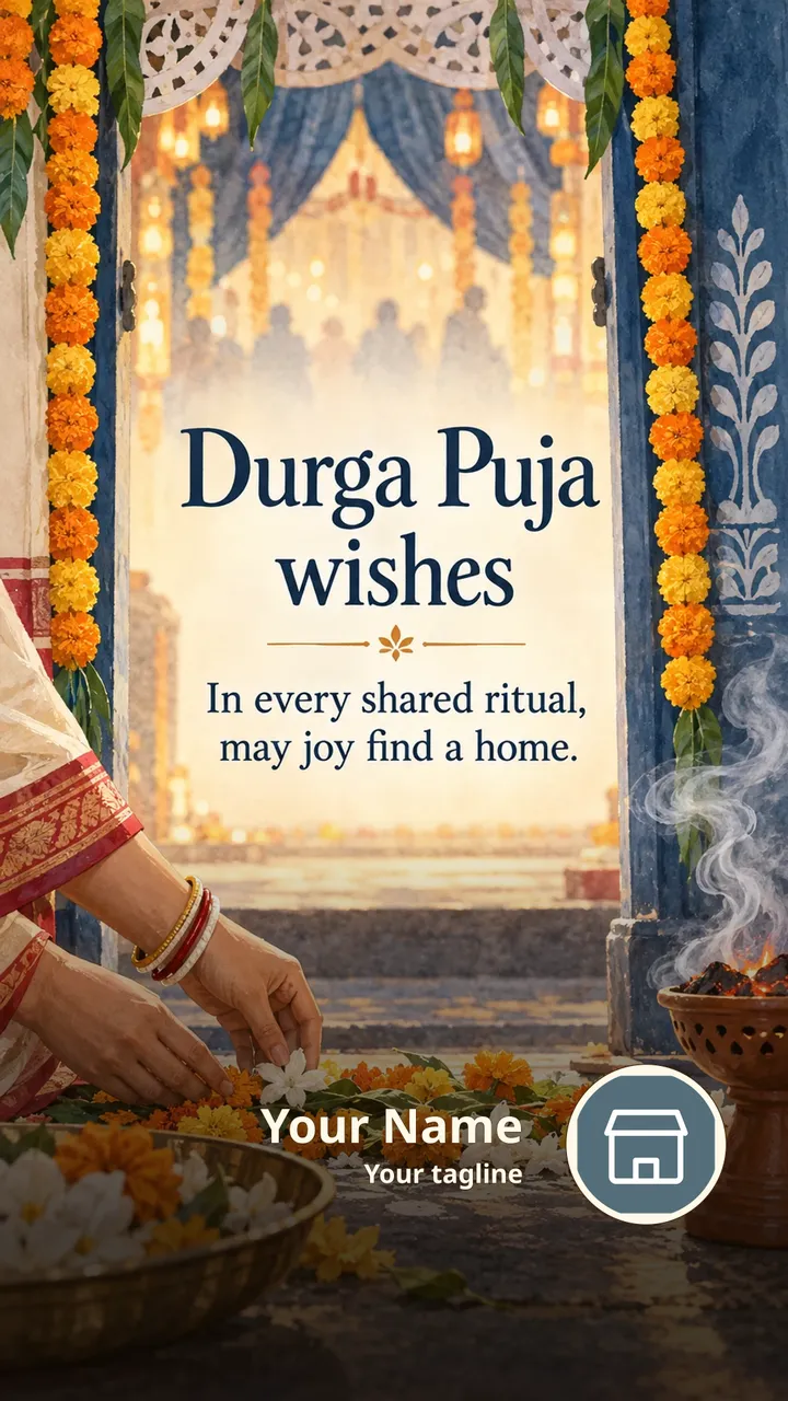 Durga Puja wishes - Festival Image, Flowers, Diya, Family