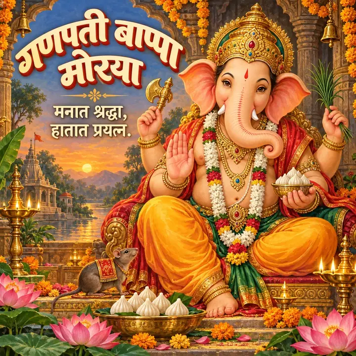 गणपती बाप्पा मोरया - मनात श्रद्धा, हातात प्रयत्न. - Bhakti Image, कमळ, गणपती