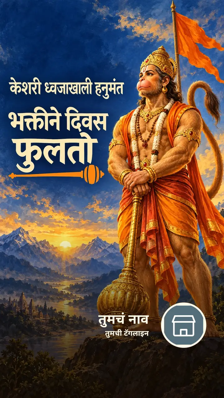 केशरी ध्वजाखाली हनुमंत - Bhakti Image, हनुमान