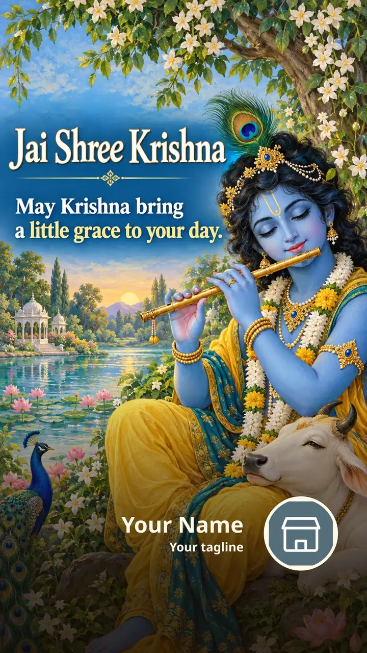 Jai Shree Krishna - May Krishna bring - Devotional Image, Flowers, River, Krishna