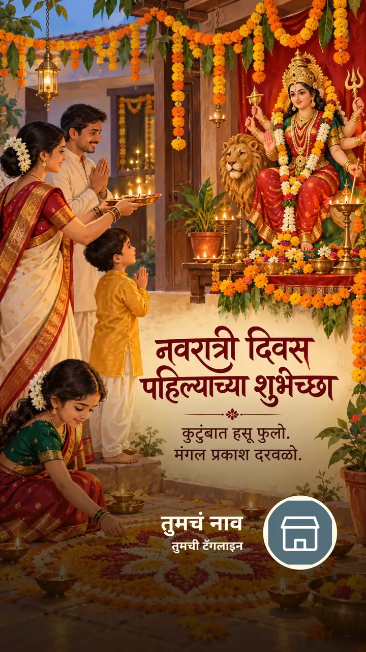 नवरात्री दिवस पहिल्याच्या शुभेच्छा - कुटुंबात हसू फुलो. - Festival Image, फुलं, दिवा, कुटुंब, दुर्गा