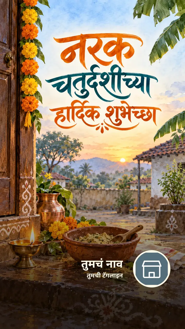 नरक चतुर्दशीच्या हार्दिक शुभेच्छा - Festival Image, फुलं, दिवा, गाव