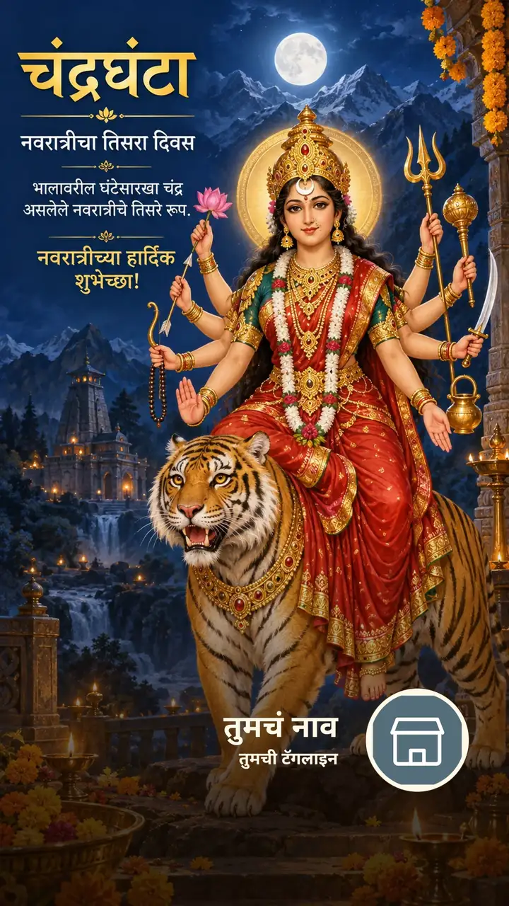चंद्रघंटा - नवरात्रीचा तिसरा दिवस - भालावरील घंटेसारखा - Festival Image, फुलं, डोंगर, आकाश, दुर्गा