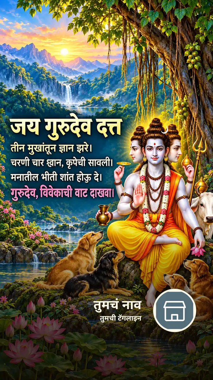 जय गुरुदेव दत्त - तीन मुखांतून ज्ञान झरे। - Bhakti Image, फुलं, कमळ, डोंगर, दत्तगुरू