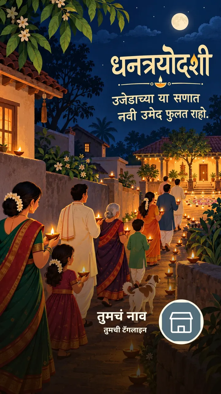 धनत्रयोदशी - उजेडाच्या या सणात - नवी उमेद फुलत राहो. - Festival Image, फुलं, दिवा, गाव, कुटुंब