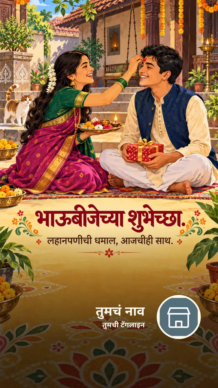 भाऊबीजेच्या शुभेच्छा. - लहानपणीची धमाल, आजचीही साथ. - Festival Image, फुलं, दिवा, कुटुंब