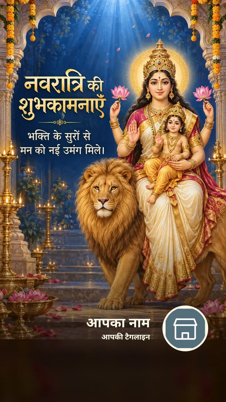 नवरात्रि की शुभकामनाएँ - भक्ति के सुरों से - Festival Image, कमल, दीया, दुर्गा
