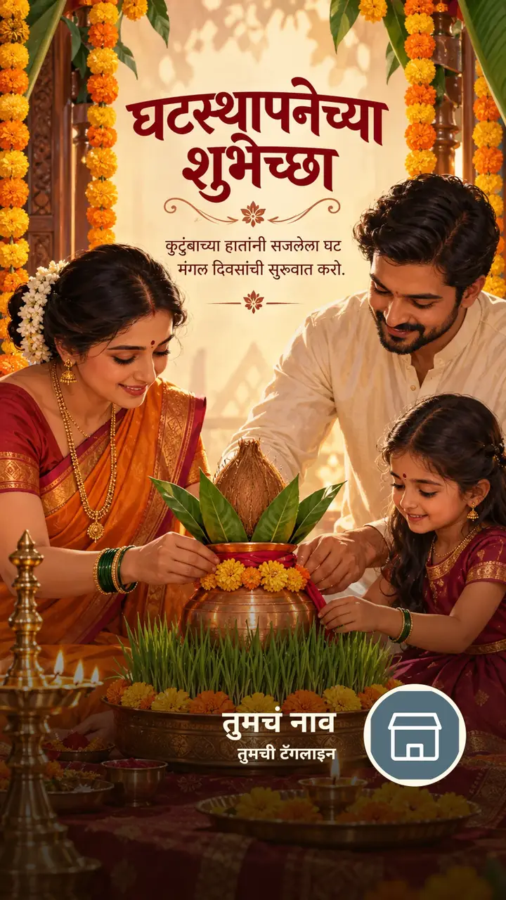 घटस्थापनेच्या शुभेच्छा - कुटुंबाच्या हातांनी सजलेला घट - Festival Image, फुलं, निसर्ग, कुटुंब