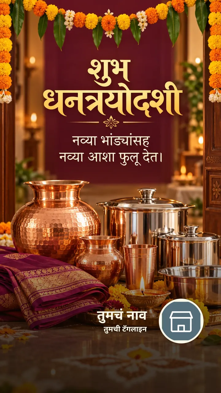 शुभ धनत्रयोदशी - नव्या भांड्यांसह - Festival Image, फुलं, दिवा, कुटुंब