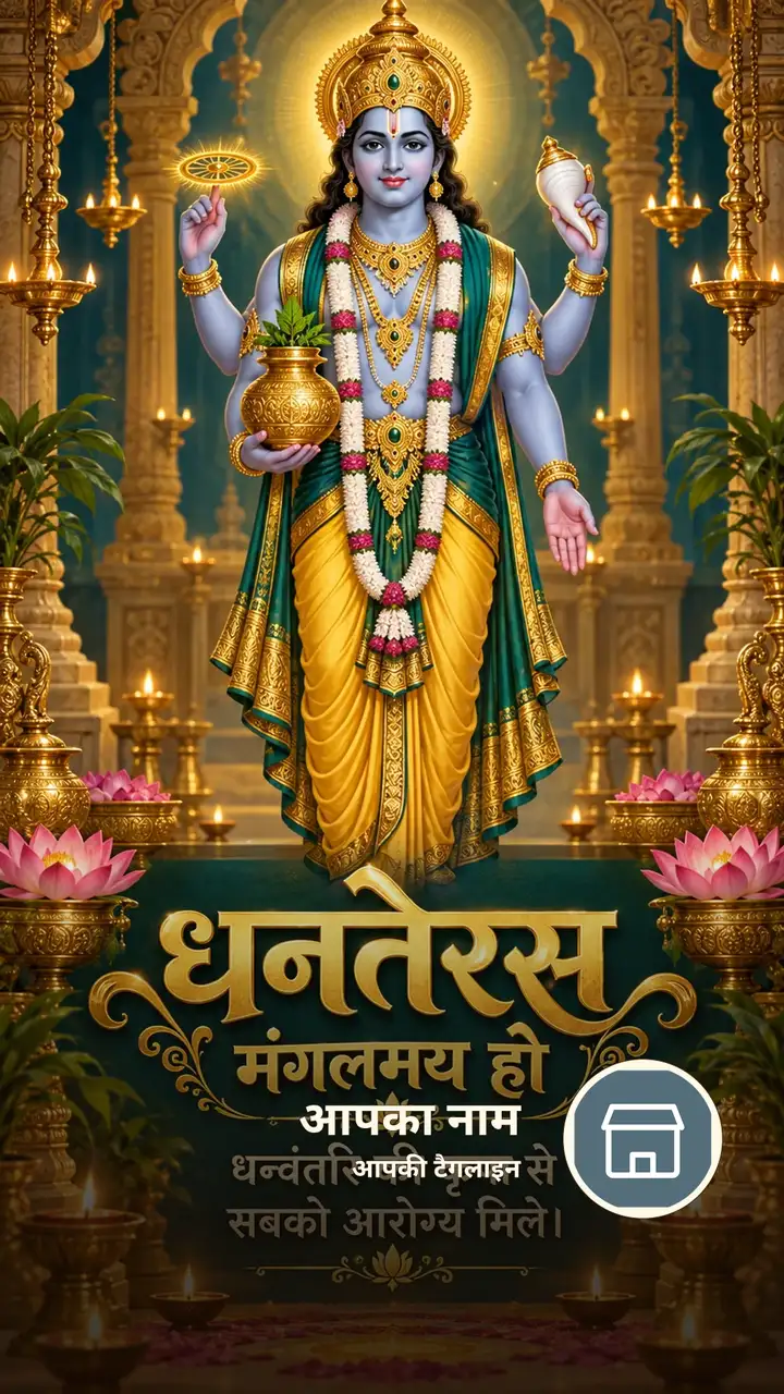 धनतेरस मंगलमय हो - धन्वंतरि की कृपा से - Festival Image, कमल, दीया, विष्णु