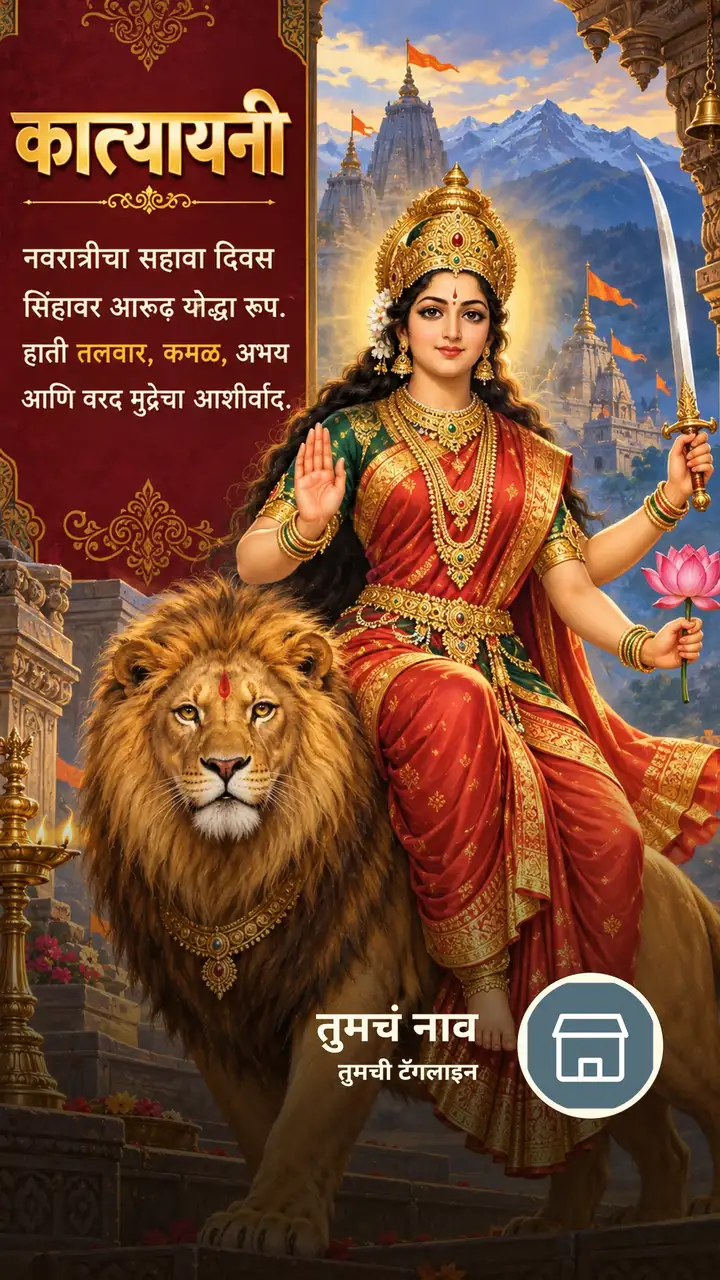 कात्यायनी - नवरात्रीचा सहावा दिवस - सिंहावर आरूढ योद्धा - Festival Image, फुलं, कमळ, डोंगर, दुर्गा