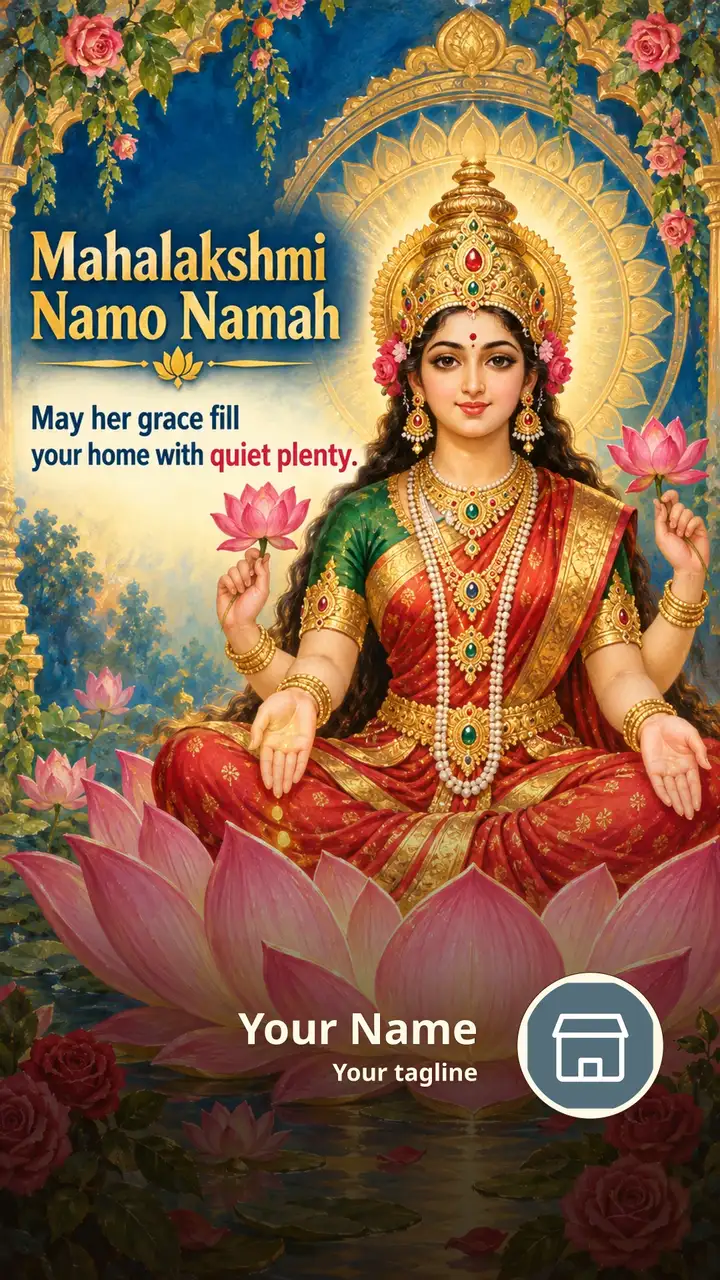 Mahalakshmi Namo Namah - May her grace fill - Devotional Image, Roses, Lotus, Lakshmi