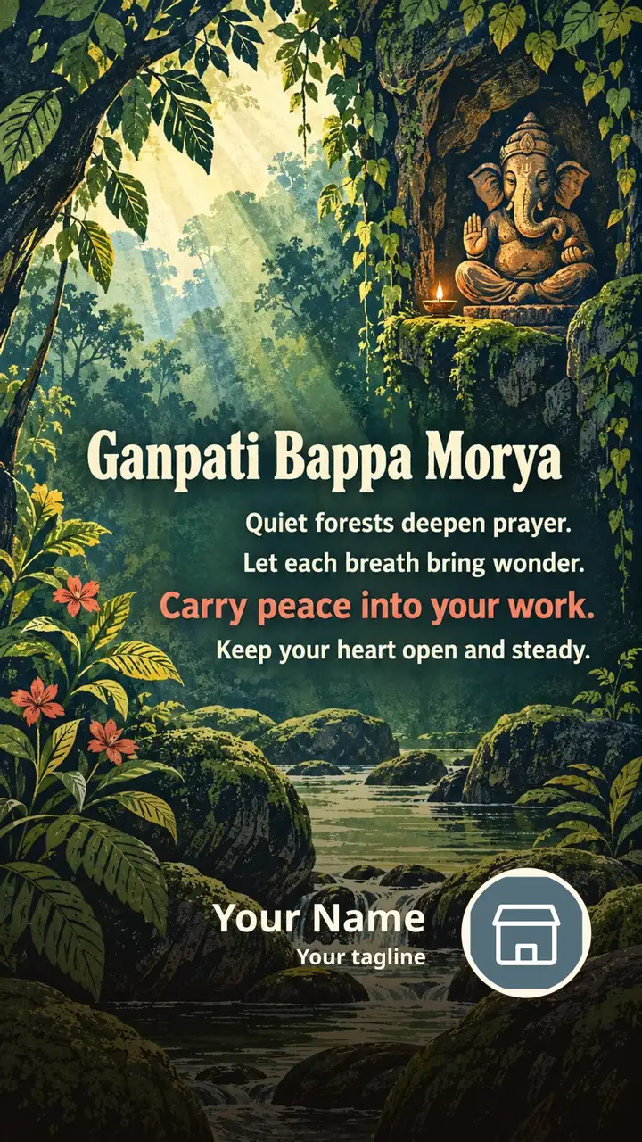 Ganpati Bappa Morya - Quiet forests deepen prayer. - Devotional Image, Flowers, Nature, Ganesha