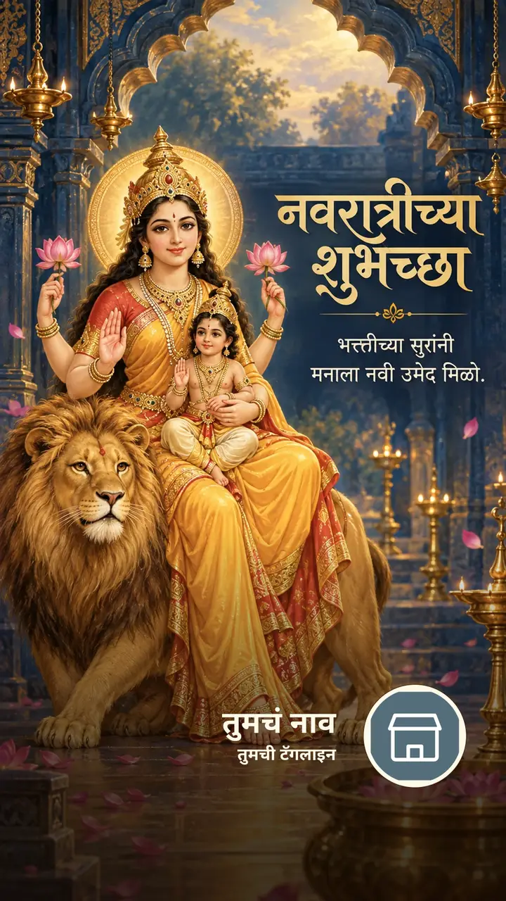 नवरात्रीच्या शुभेच्छा - भक्तीच्या सुरांनी - Festival Image, कमळ, दिवा, दुर्गा
