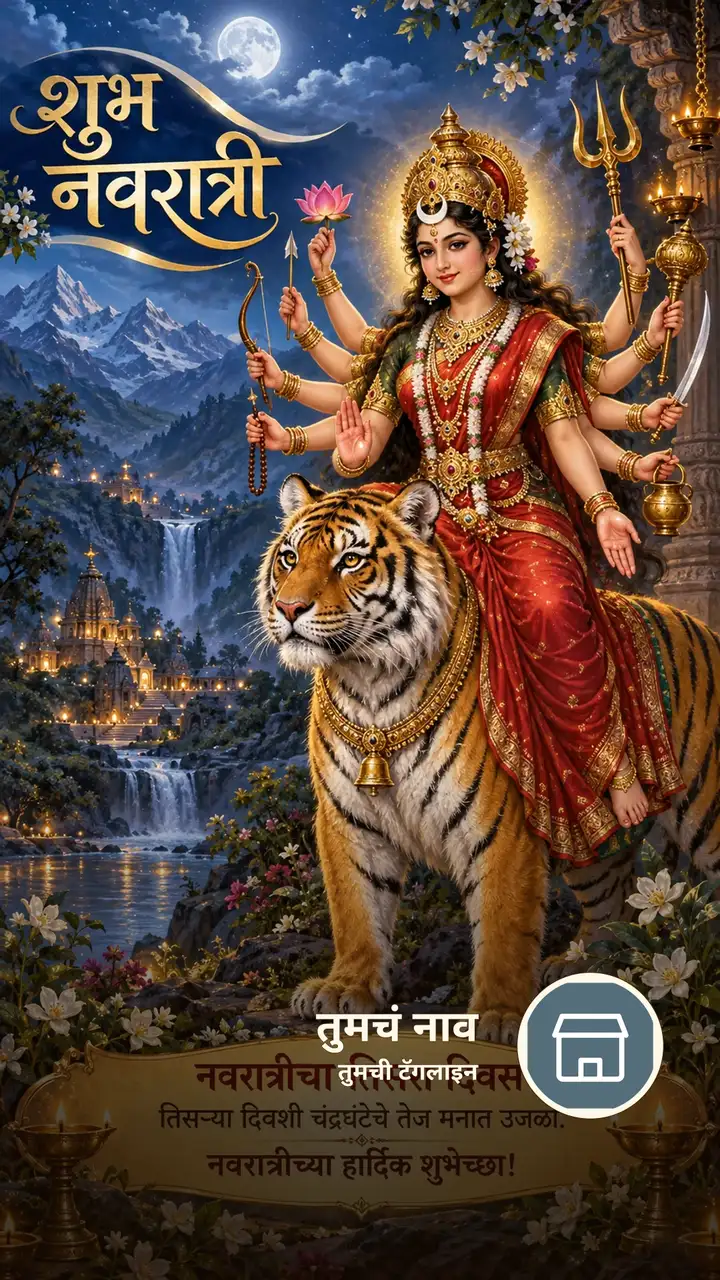शुभ नवरात्री - नवरात्रीचा तिसरा दिवस - Festival Image, फुलं, डोंगर, आकाश, दुर्गा