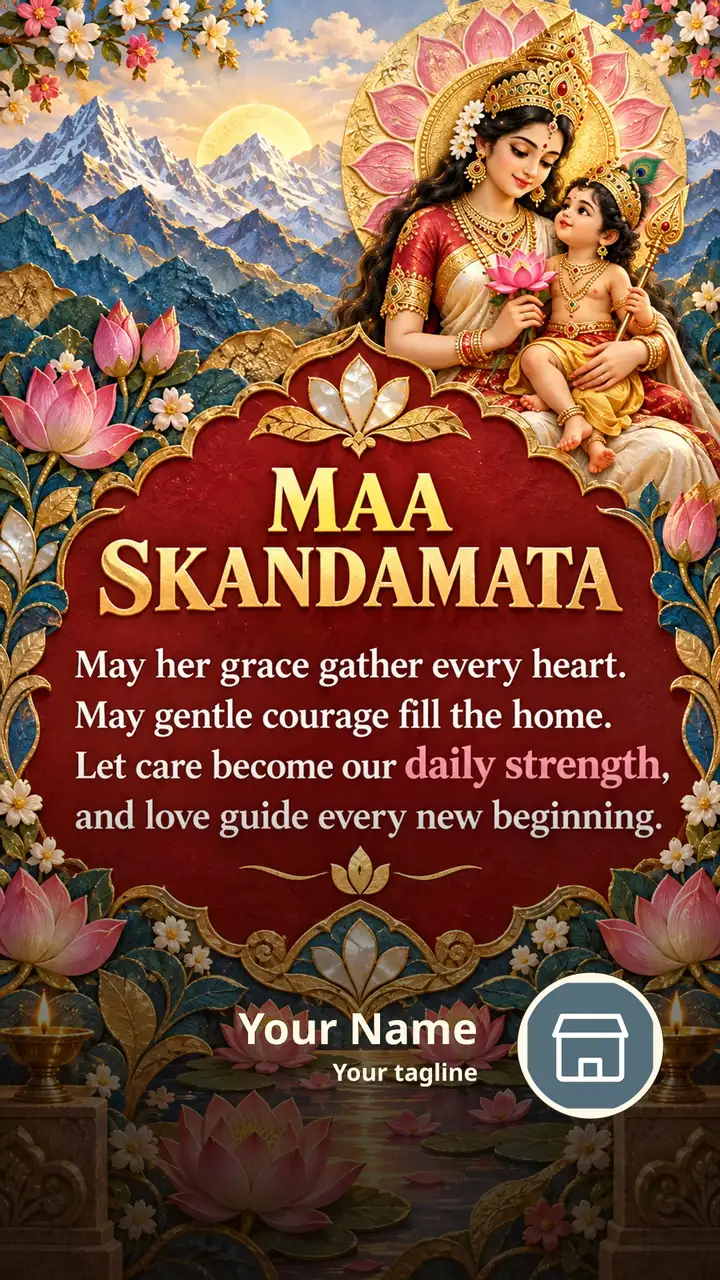 MAA SKANDAMATA - May her grace gather every heart. - Devotional Image, Flowers, Lotus, Mountains, Durga