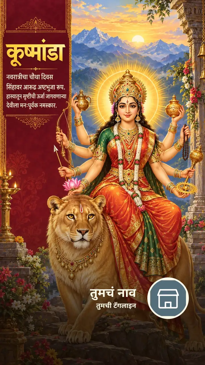 कूष्मांडा - नवरात्रीचा चौथा दिवस - सिंहावर आरूढ अष्टभुजा - Festival Image, फुलं, कमळ, डोंगर, दुर्गा