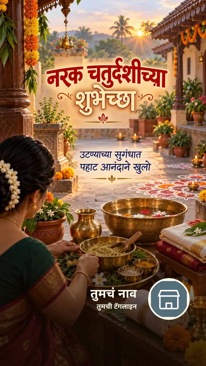 नरक चतुर्दशीच्या शुभेच्छा - उटण्याच्या सुगंधात - पहाट - Festival Image, फुलं, निसर्ग, दिवा, गाव