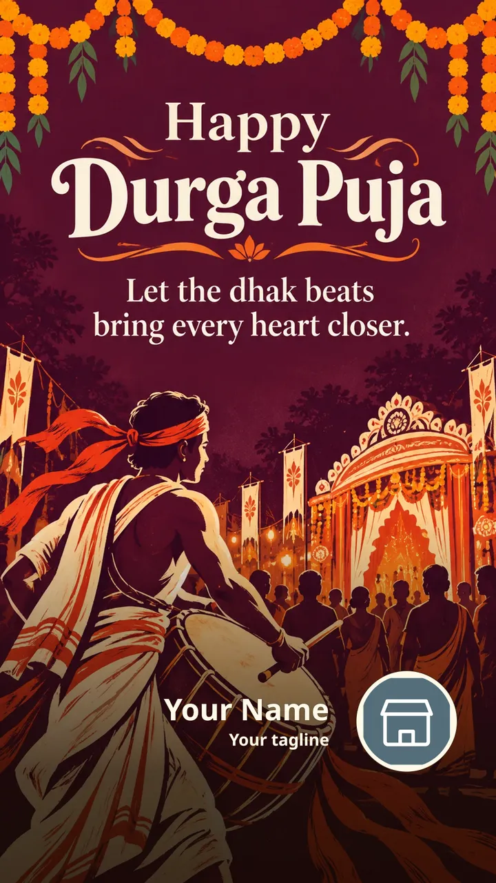 Happy Durga Puja - Let the dhak beats - Festival Image, Flowers, Diya, Friends