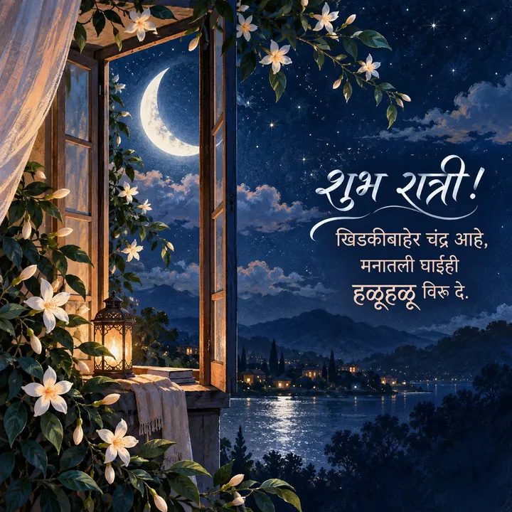 शुभ रात्री! - खिडकीबाहेर चंद्र आहे, - Shubh Ratri Image, फुलं, निसर्ग, चंद्र