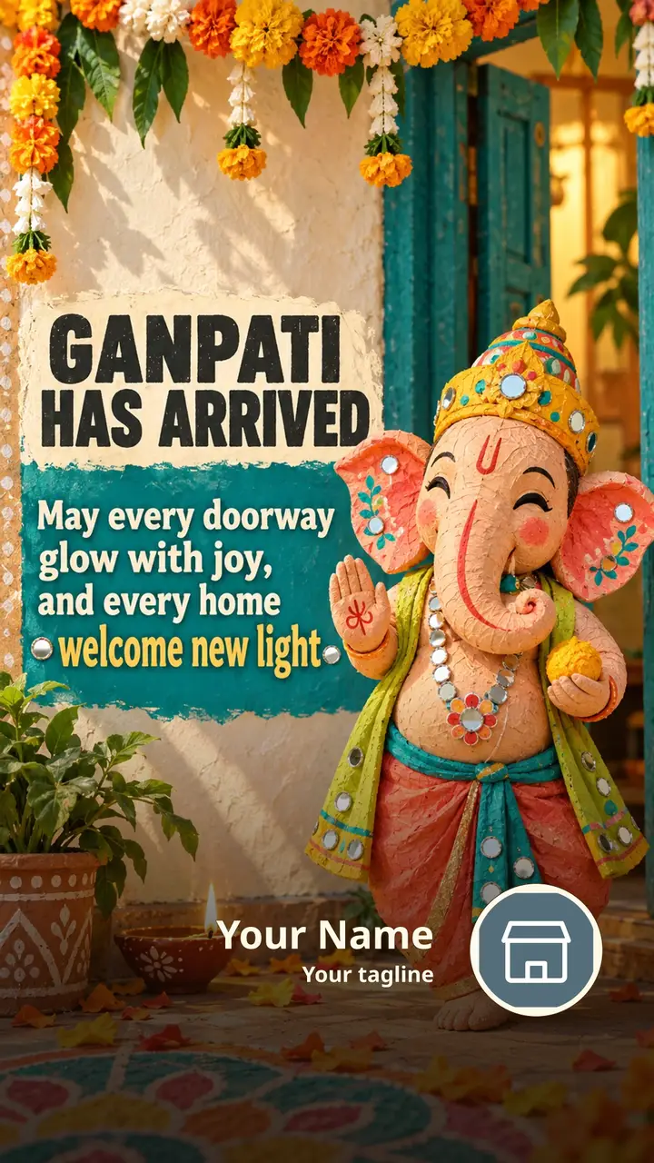 GANPATI HAS ARRIVED - Festival Image, Flowers, Diya, Ganesha