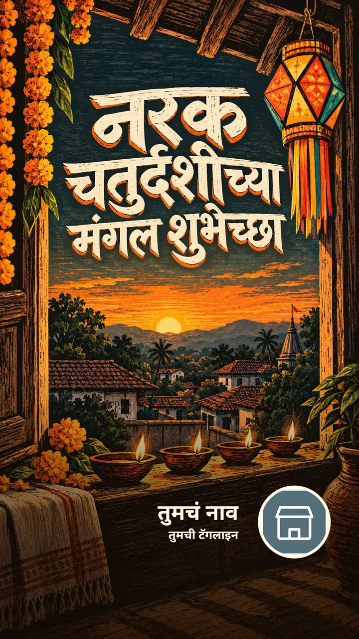 नरक चतुर्दशीच्या मंगल शुभेच्छा - Festival Image, फुलं, आकाश, दिवा, गाव
