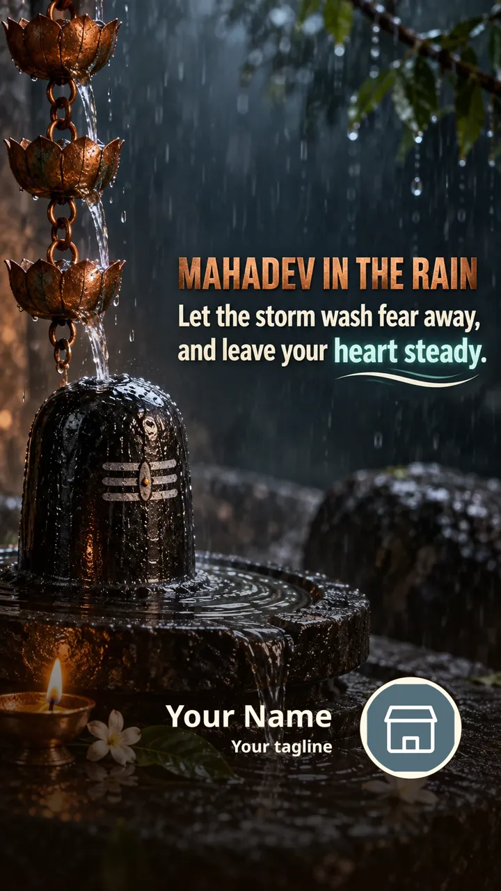 MAHADEV IN THE RAIN - Devotional Image, Flowers, Rain, Diya, Shiva