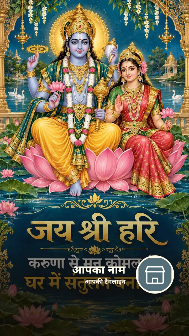 जय श्री हरि - करुणा से मन कोमल हो, - Bhakti Image, कमल, लक्ष्मी, विष्णु